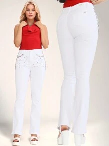 Pantalones Vaqueros Blancos con Cristales Brillantes, Jeans ajustados de mezclilla acampanados y de cintura alta para mujer, de campana, pantalones vaqueros acampanados, jeans de mujer y ropa vaquera, de estiramiento medio - Blanco - Ver 1