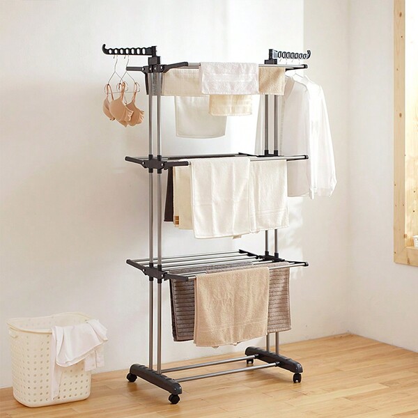 Séchoir à linge pliable en acier inoxydable de grande capacité avec 3 étagères 75-64 x 170 cm
