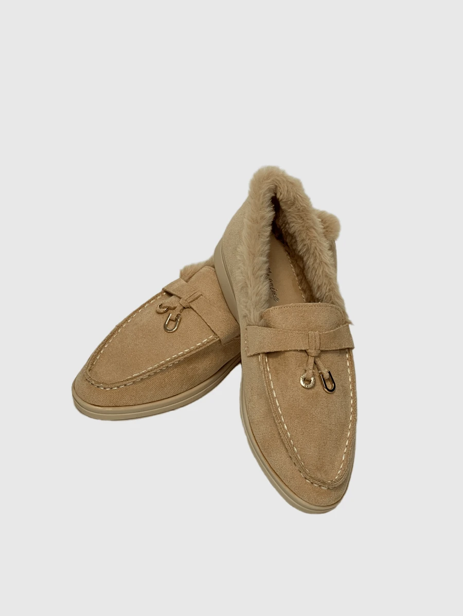 Thermisch gefütterte Komfortschuhe für Frauen, retroflache Schlüpfschuhe mit warmem Fellbesatz aus Leder Winterloafer