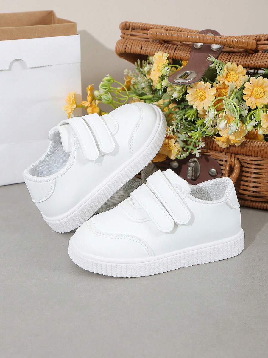 Zapatos deportivos blancos sencillos para niños pequeños, suela plana, casuales para primavera y otoño, boda/fiesta/vacaciones, con y elástico