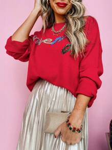 Women's Carnival Fiery Red Tinsel Merry Letter Drop Shoulder Baggy Sweater - Red - View 3