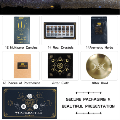 54pcs Witch Altar Spell Supplies Set, Includes Spell Candles, Crystal Spell Bottles, Spell Herbs, Suitable For Witch Beginner Gift Box