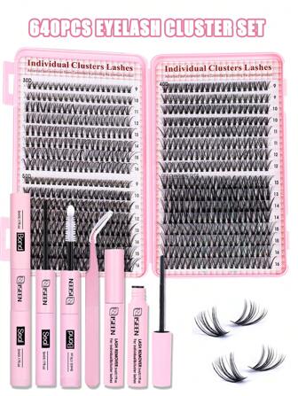 640pcs D-Curl Eyelash Extension Kit, 30D/40D/50D Lash Clusters, 5-16mm Mixed Individual Lashes, Includes Lash Glue, Sealant, Makeup Remover, Tweezers, For DIY Eyelash Extension