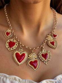 1pc Chunky Jewelry Vintage Gothic Heart Shape Multi-Pendant Halloween Necklace With Heart Lockets, Antique Silver And Gold, Red Hearts, Thick Chain For Women, Suitable For Halloween Party Valentines,Mom,Mother,Mother's Day,Gift