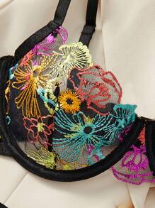 3 件套性感女士内衣套装，全新网眼彩色刺绣花卉贴身衣物，文胸和内裤套装，适合亲密场合，情人节，卧室，夜总会外出