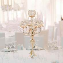 5-Arm Golden/Silvery Crystal Candelabra, 22.5-Inch Tall Wedding Centerpiece, Tabletop Candle Holder For Wedding Decor, Birthday Parties, Festive Celebrations, Living & Dining Room Decor