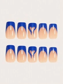24 Peças Conjunto de Unhas Postiças de Estilo Chique para o Outono e Inverno, em formato quadrado médio, com Pontas em Azul Marinho, Azul Francês e Elegantes Detalhes em Forma de Coração, Que se Encaixam Perfeitamente, Kit de Unhas Postiças para Cobertura Total, Inclui 1 Peça folha de Adesivos e 1 Peça Lixa Pequena, para Uso Diário, Festas em Casa e Feriados, Acessórios de Jóias Femininas, Pontas de Unhas Falsas, 1 Peça Tira de Lima, Gel Jelly, Envio Aleatório