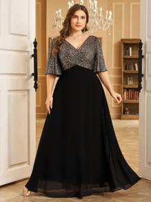 UNITHORSE Đầm maxi cỡ lớn thanh lịch cổ chữ V tay bồng đính sequin, chất liệu chiffon, thích hợp cho tiệc tùng, đám cưới, các dịp trang trọng, dạ hội, váy cưới, tiệc sinh nhật, lễ tốt nghiệp và nhiều dịp khác vào mùa xuân. - màu đen - Xem 2