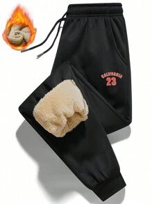Men's Sherpa Lining Sweatpants, Loose Fit Elastic Waist Drawstring Printed Casual Jogger Pants