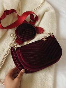 Túi đeo vai thêu vải nỉ trơn màu tối giản, Túi đeo chéo thông thường dành cho nữ, Mùa thu - Màu Đỏ Sâu - Xem 5