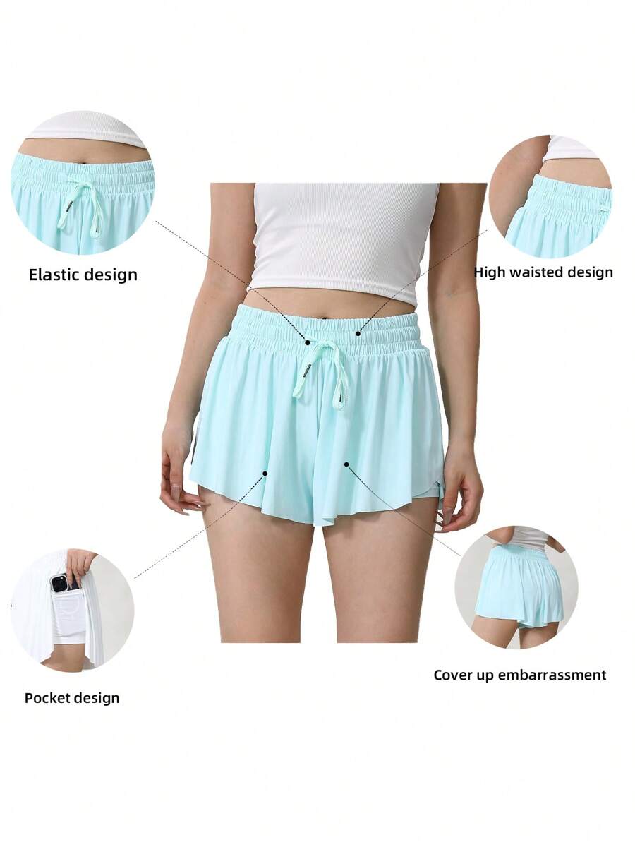 Ladies Flowy Running Shorts For Women Gym Yoga Workout Athletic SweatShorts Skirt Skort With Pockets Cute Clothes Outdoor - Xanh nhạt - Xem 1