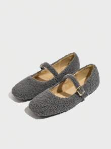 带毛衬里的黑色平底鞋，软底芭蕾平底鞋，女式方头时尚一脚蹬乐福鞋 - 灰色 - 查看 5