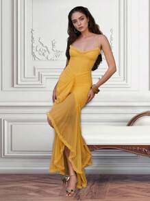 细肩带蕾丝边荷叶边不对称下摆鸡尾酒会礼服、派对礼服、婚礼宾客礼服、正式礼服、晚礼服、长袍