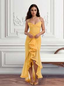 细肩带蕾丝边荷叶边不对称下摆鸡尾酒会礼服、派对礼服、婚礼宾客礼服、正式礼服、晚礼服、长袍