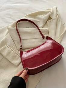 Bolsa Feminina Baguete de Ombro Brilhante com Fecho de Zíper