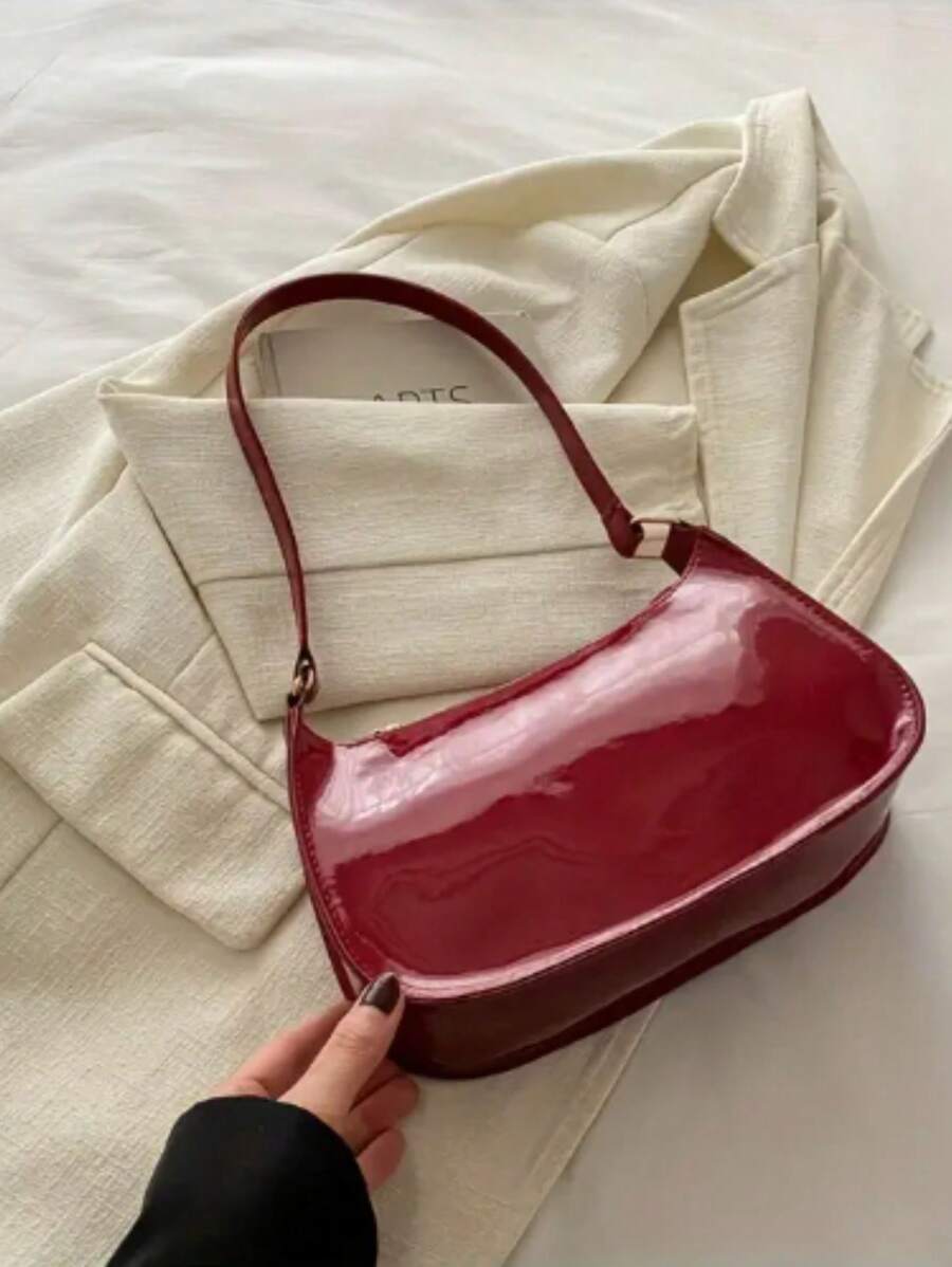 Bolsa Feminina Baguete de Ombro Brilhante com Fecho de Zíper