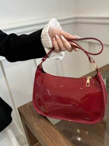 Bolsa Feminina Baguete de Ombro Brilhante com Fecho de Zíper