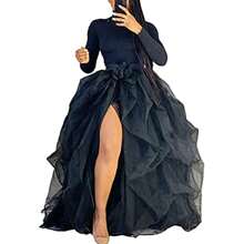 Women's Fairy Tulle Midi Skirt Sweet Elastic High Waist A-Line Ruffle Tiered Layered Mesh Puffy Long Maxi Skirt - 黑色 - 查看 1