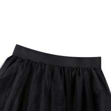 Women's Fairy Tulle Midi Skirt Sweet Elastic High Waist A-Line Ruffle Tiered Layered Mesh Puffy Long Maxi Skirt - 黑色 - 查看 3