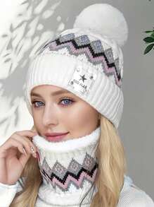 Conjunto de 2 peças/conjunto de gorro e cachecol de malha acrílica com padrão geométrico feminino, proteção auricular, pompom, forro térmico, adequado para ciclismo ao ar livre no outono e inverno, Natal