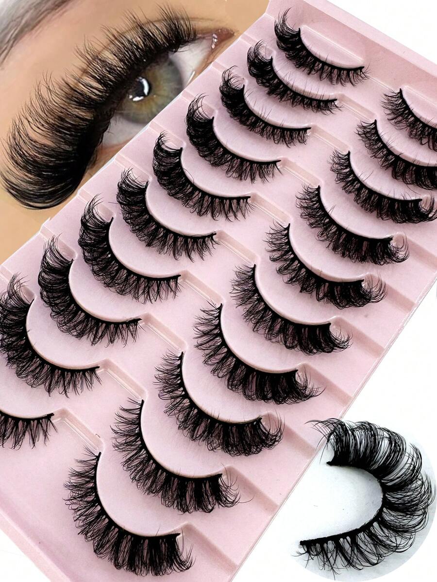 HBZGTLAD 10 件/套蓬松猫眼睫毛 5D 自然假睫毛，柔软貂皮睫毛交叉长化妆睫毛延长，浓密丰盈' - 黑色 - 查看 1