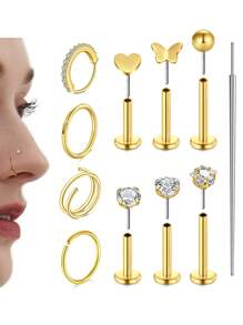 AVYRING 11 Stücke Nasenpiercing-Set aus chirurgischem Stahl, Nasenringe, Nasenstecker, Labret Stecker, Lippen-Piercing, flacher Rückseite Knorpelohrringe, Tragus, Helix Piercingschmuck