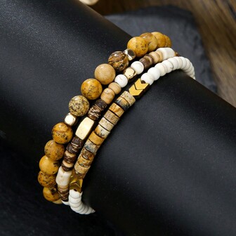 2 件/3 件套韩式优雅绘画、石头、木珠、贝壳、PU 皮革混合层弹性手链，几何设计，多种珠子颜色