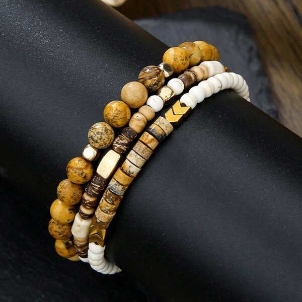 2pcs/3pcs Set Of Korean Style Elegant Drawing, Stone, Wood Bead, Shell, PU Leather Mixed Layered Elastic Bracelets With Geometric Design, Assorted Bead Colors