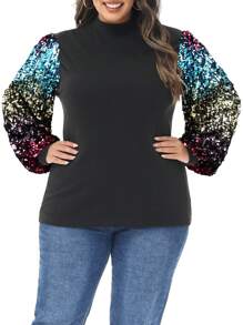 Women's Plus Size Sparkle Sequin Sweatshirt Mock Neck Pullover Long Sleeve Glitter Party Tops - 彩色 - 查看 1