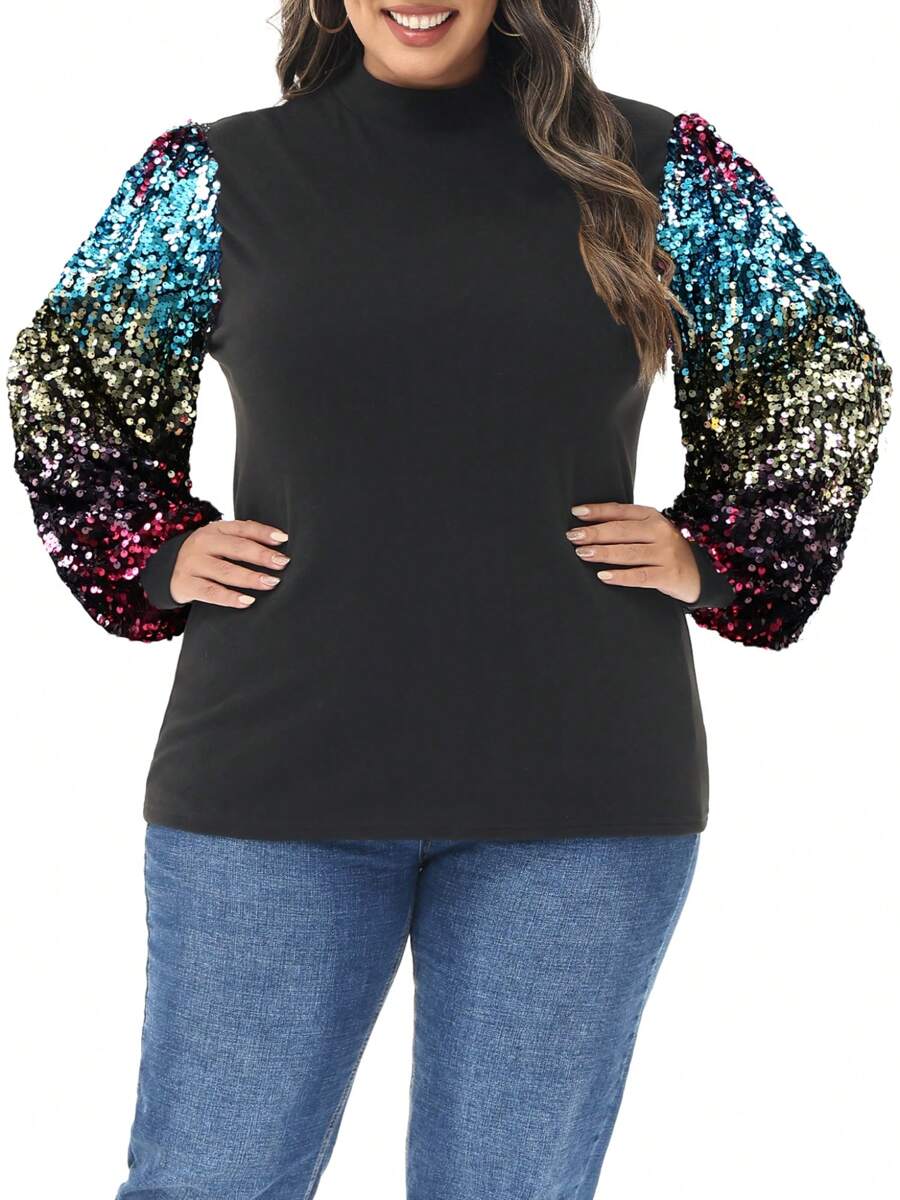 Women's Plus Size Sparkle Sequin Sweatshirt Mock Neck Pullover Long Sleeve Glitter Party Tops - 彩色 - 查看 1