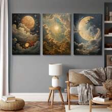 3 件带框帆布墙饰帆布 - 神秘天体文化、阿拉伯、伊斯兰壁画太阳、月亮和星星 - 非常适合客厅、卧室、办公室、餐厅、厨房、楼梯、走廊、酒吧、博物馆 - 彩色 - 查看 1