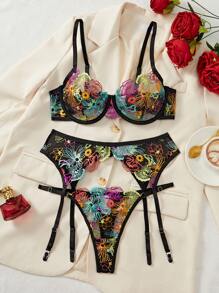 3 件套性感女士内衣套装，全新网眼彩色刺绣花卉贴身衣物，文胸和内裤套装，适合亲密场合，情人节，卧室，夜总会外出