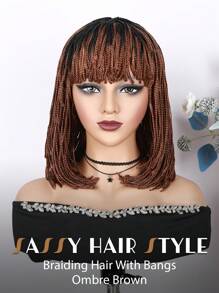 14 Inch Short Braided Wig With Bangs Synthetic Wigs For Women Ombre Brown Wig Braiding Hair Heat Resistant Fiber Glueless Wig Daily Use Cosplay Wig - Brown Ombre - View 1