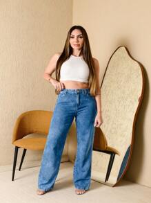 CALCA JEANS FEMININA WIDE LEG CINTURA ALTA 100% ALGODAO