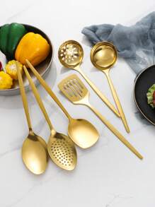 Bộ dụng cụ nấu ăn bằng thép không gỉ 6 món, bao gồm thìa, rây lọc, thìa dẹt, muôi, thìa có rãnh, thích hợp cho nhà bếp gia đình, khách sạn, nhà hàng - Vàng - Xem 8