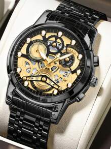 VA VA VOOM 1 件男士手表时尚不锈钢镂空表盘休闲运动风格夜灯男士时钟金色和黑色和银色原装石英机芯水钻奢华腕表 - 黑色 - 查看 10