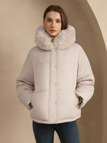 ZIAI High End Detachable Large Fur Collar Hooded Women's Winter Short Padded Coat - Apricot - View 2