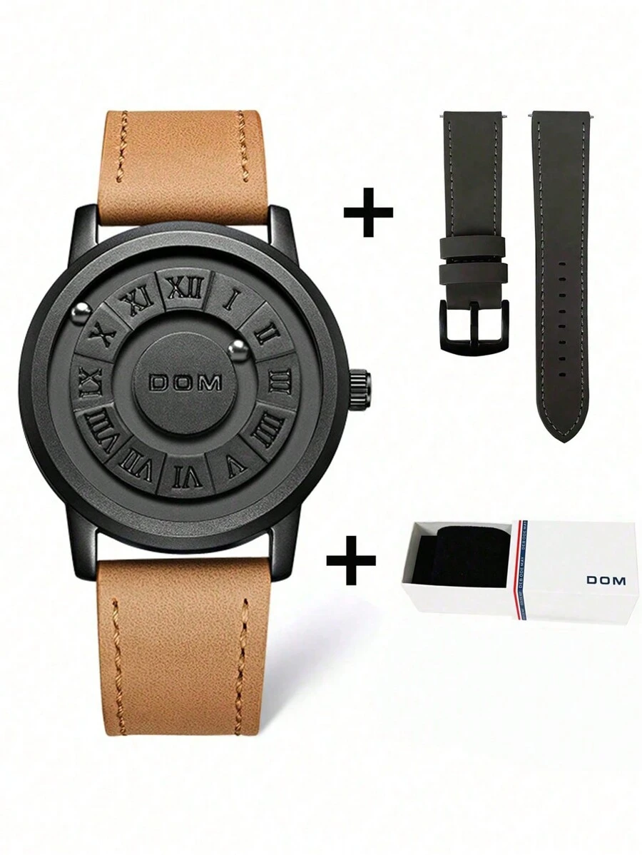 DOM 1 buc. Ceas de cuarț pentru bărbați, personalizat, cu tehnologie avansată, cu curea magnetică cu mărgele, cadou pentru curea din piele - Negru - Vizualizare 1