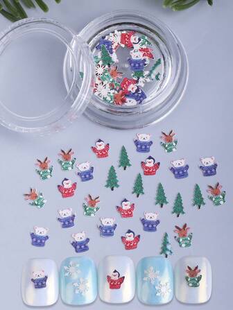 1 盒卡通圣诞图案美甲装饰，可爱冬季圣诞树麋鹿北极熊企鹅片木贴片，DIY 创意美甲配件工具，美甲沙龙饰品装饰技巧