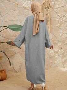 Moon Embroidered Abaya Robe, Modest Long Sleeve Arabian Abaya Coverup - Grey - View 5