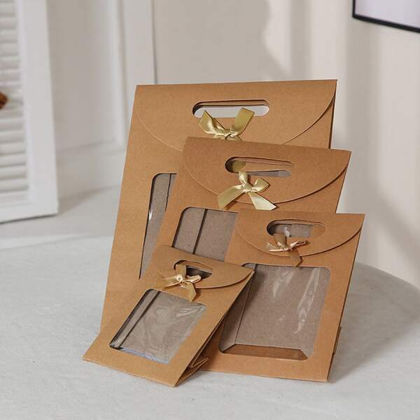 5 sztuk torebek prezentowych z papieru z klapką i uchwytami w kształcie kokardy, różne rozmiary
