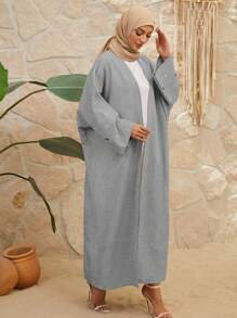 Moon Embroidered Abaya Robe, Modest Long Sleeve Arabian Abaya Coverup - Grey - View 4