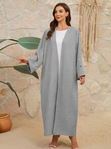 Moon Embroidered Abaya Robe, Modest Long Sleeve Arabian Abaya Coverup - Grey - View 6