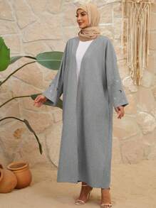 Moon Embroidered Abaya Robe, Modest Long Sleeve Arabian Abaya Coverup - Grey - View 2