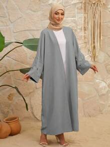 Moon Embroidered Abaya Robe, Modest Long Sleeve Arabian Abaya Coverup - Grey - View 1