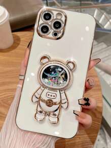 电镀闪光太空宇航员熊挂绳手机壳兼容 Iphone 16 Pro Max/15 Pro/14/13/13 Pro、IPhone 15/14 Pro Max 硅胶防震保护套，软壳兼容 Iphone XS、11 女士 - 白色 - 查看 2