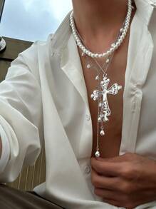 3pcs Retro Hip-Hop Asymmetrical Metal Cross Pendant & Faux Pearl Tassel Necklace Set, Multilayered Faux Pearl Beaded Tassel Charm Necklaces For Men