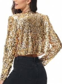Womens Shiny Sequin Long Sleeve Glitter Cropped Blazer Bolero Shrug - 金色 - 查看 2
