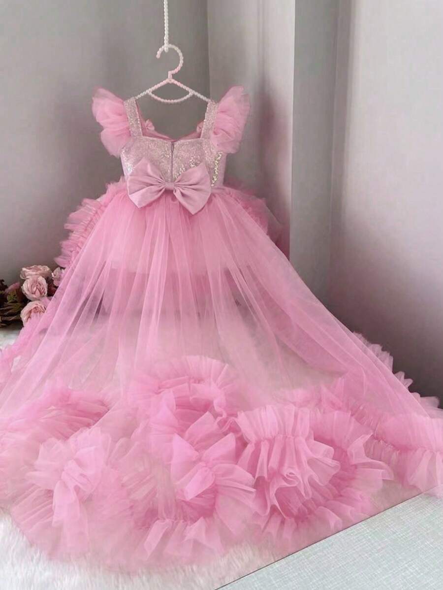 年轻女孩蝴蝶结亮片网眼拼布拖尾圣诞优雅派对礼服，公主裙适合女孩生日派对、婚礼、宴会、正式场合、花童婚纱、节日庆祝礼服 - 淺粉色 - 查看 1