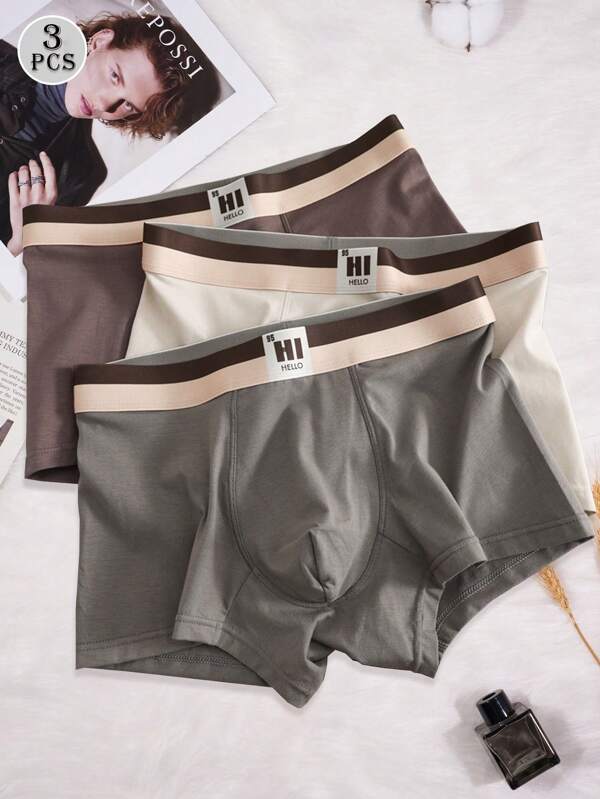 3pcs Men's Maillard Color Breathable Boxer Briefs, Autumn/Winter